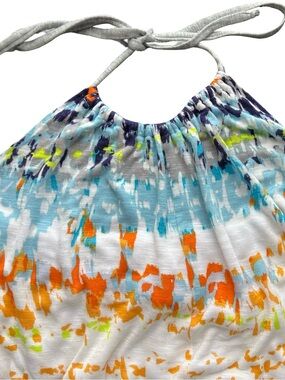Michael Star Colorful Abstract Print Halter Top Dress- Orange, Blue, Teal